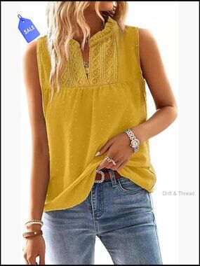 Sleeveless V-Neck Tank Top with Lace Trim, Lightweight Polyester, Regular Fit